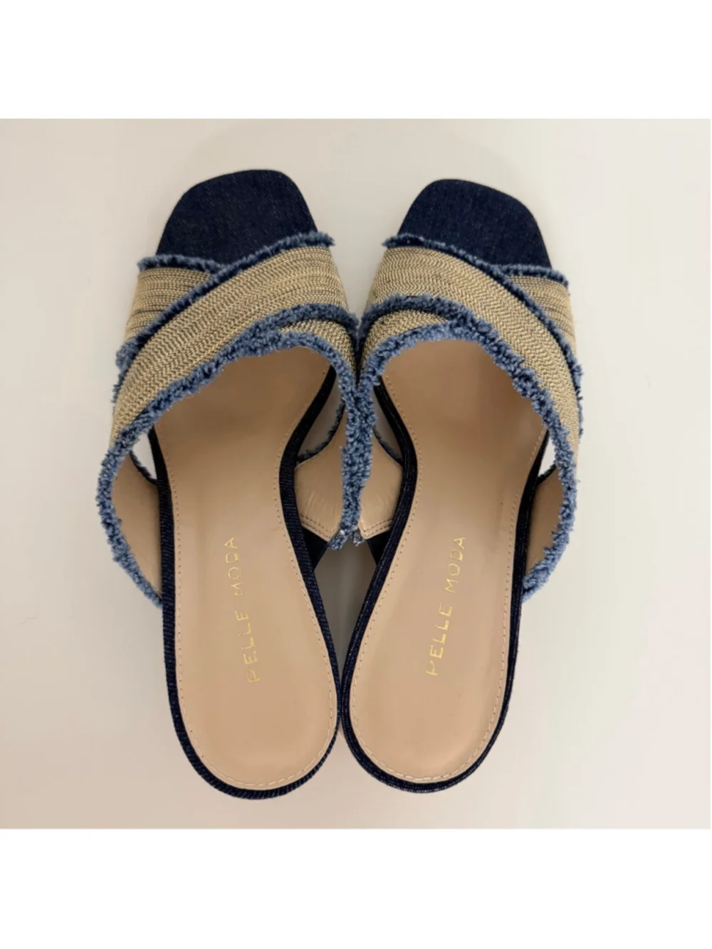 PELLE MODA Tash Chain Slide Blue Denim Block Heel Sandals Women's Size 7.5